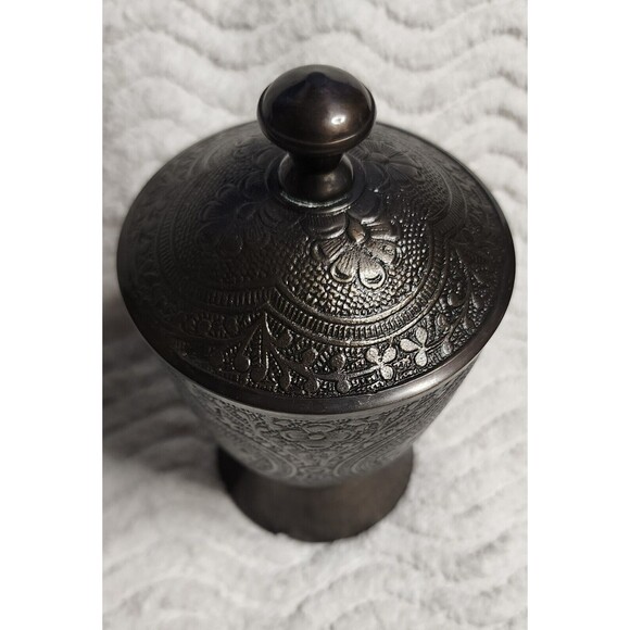 BEAUTIFUL Vintage 3pc BRONZE AntiqueBrass ETCHED 5"TrinketBox Lid 4"Saucer INDIA - Picture 10 of 16